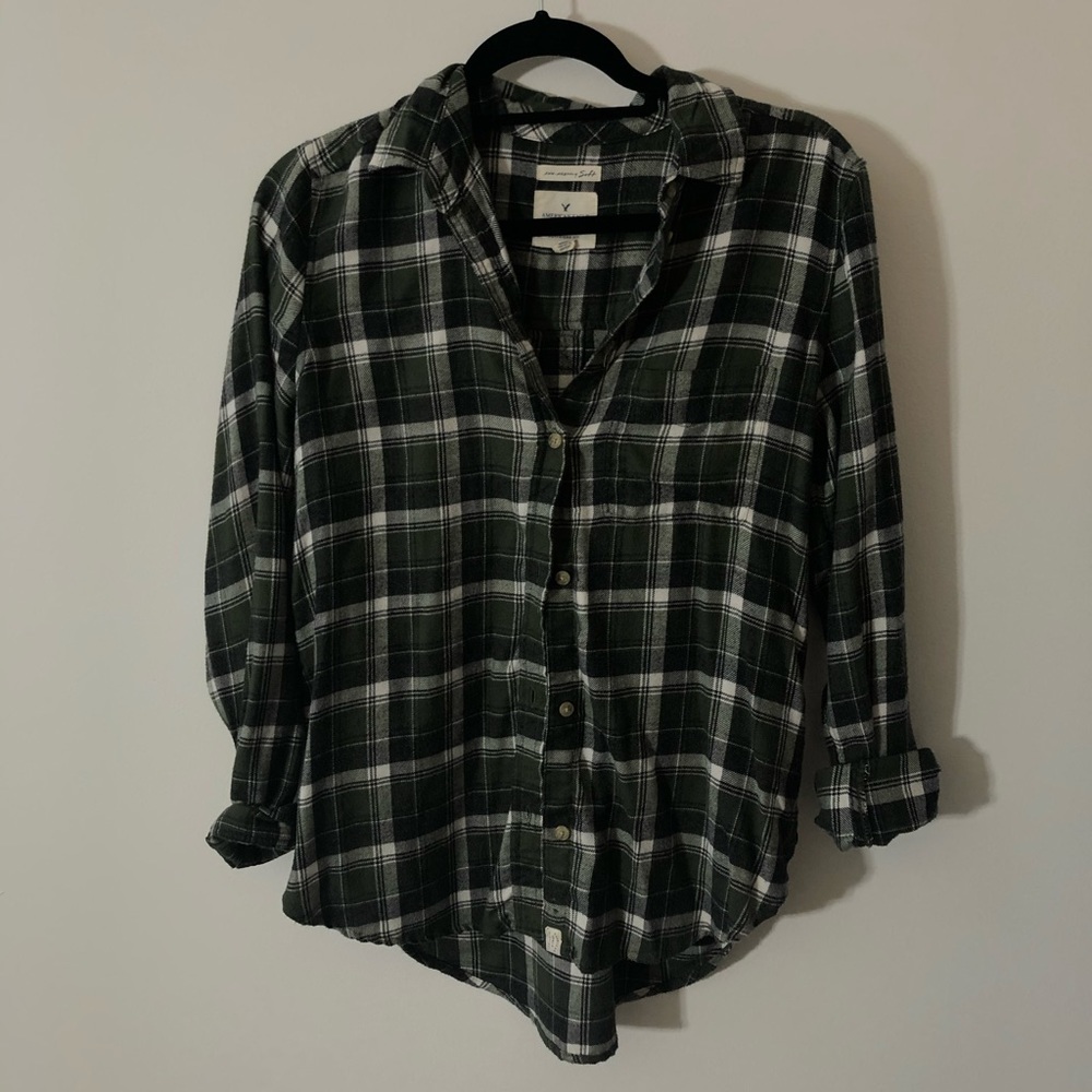 american eagle green plaid button up
